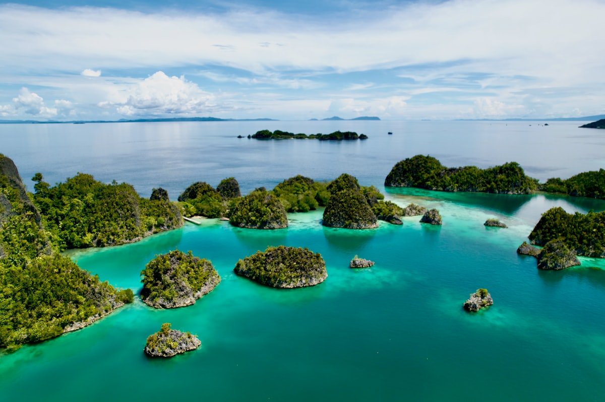 A maze of small jungle-topped karst islands in a calm turquoise lagoon, representing the quiet first steps of learning something new from anywhere in the world