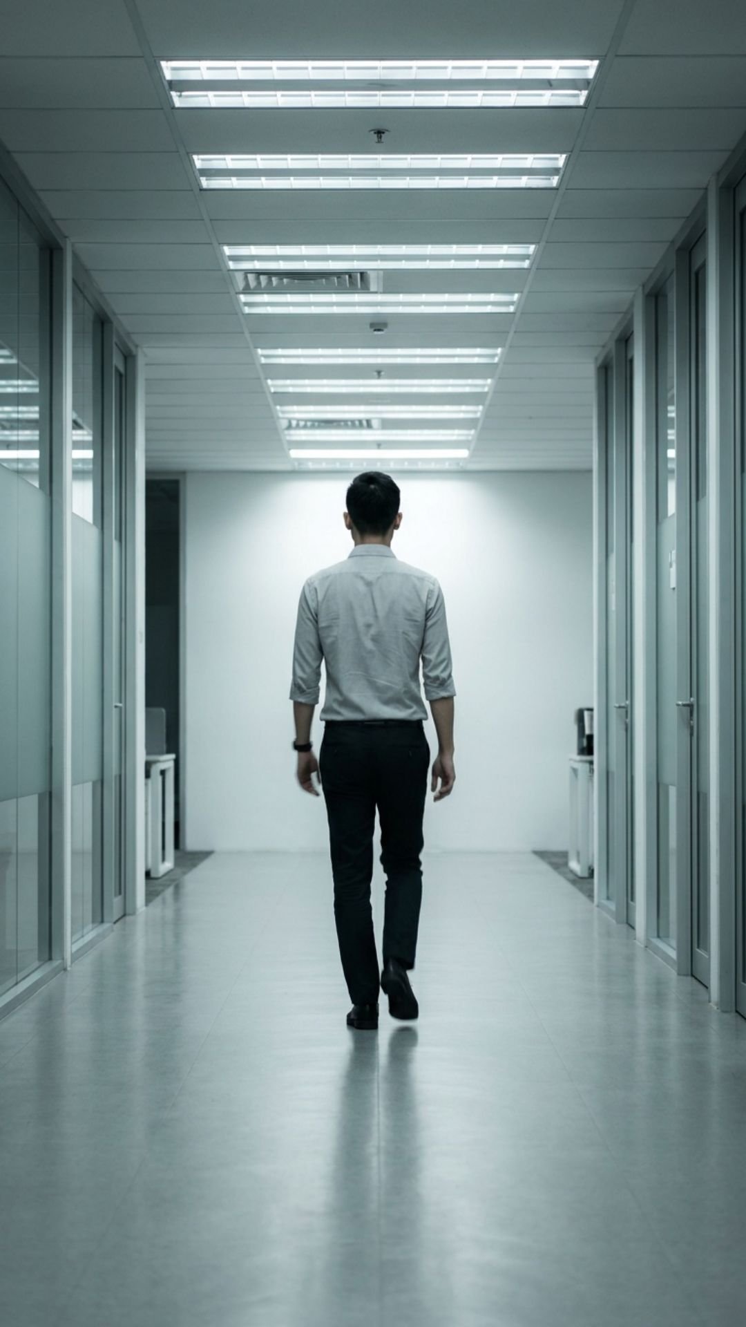 A man walking away down an empty, fluorescent-lit office corridor, alone