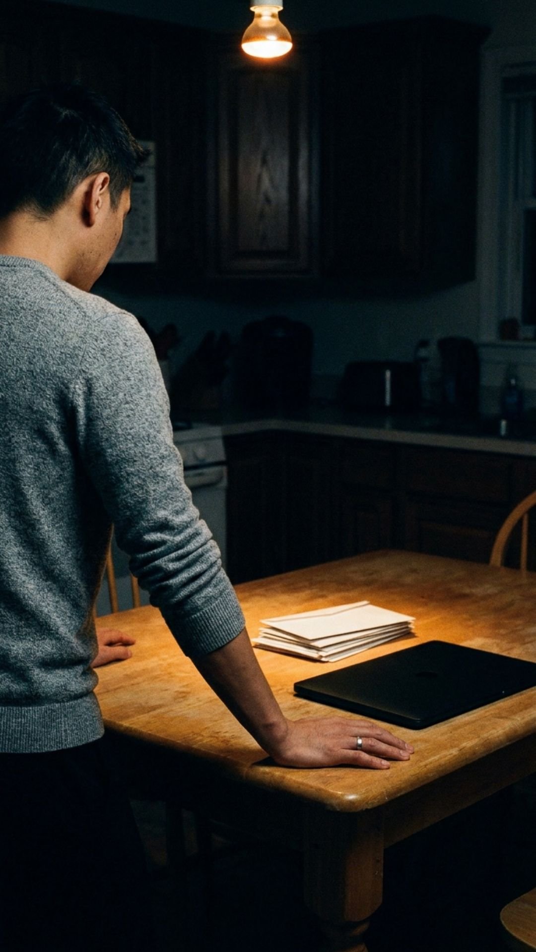 A dark kitchen at night, a closed laptop and a stack of envelopes under one warm bulb