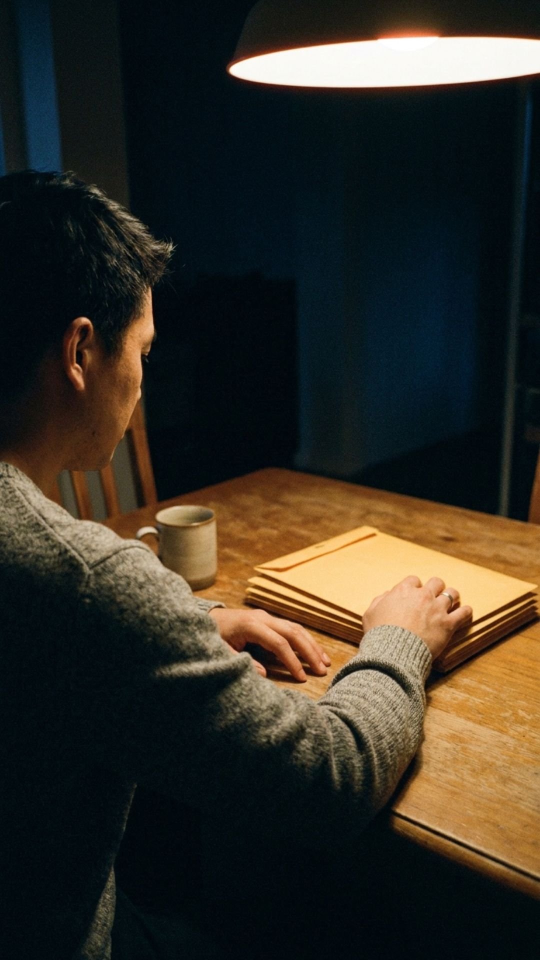 A dim kitchen table at night, an open notebook, a coffee mug, and a stack of envelopes under a single warm lamp