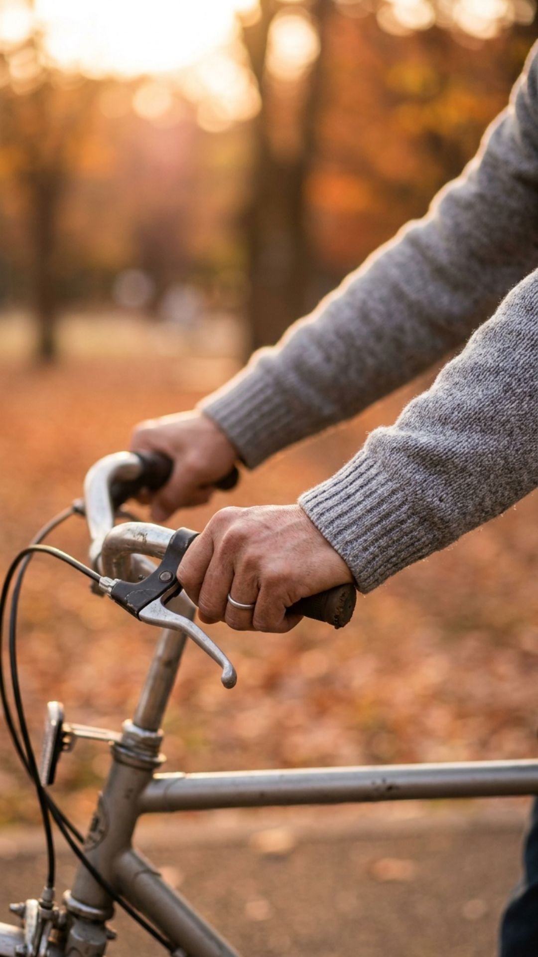 A close-up of a hand gripping a bicycle's brake lever on a quiet autumn path