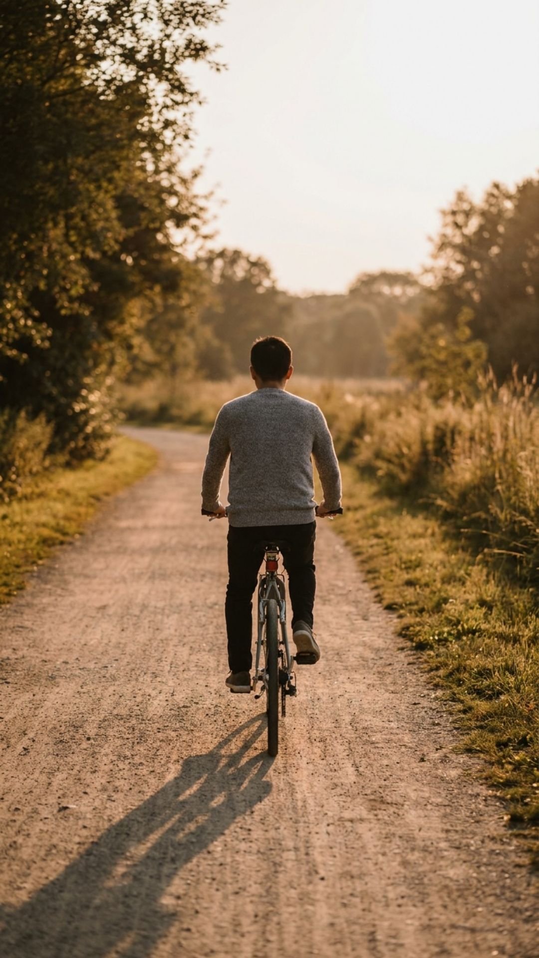 A cyclist riding away down a sunlit path through open countryside