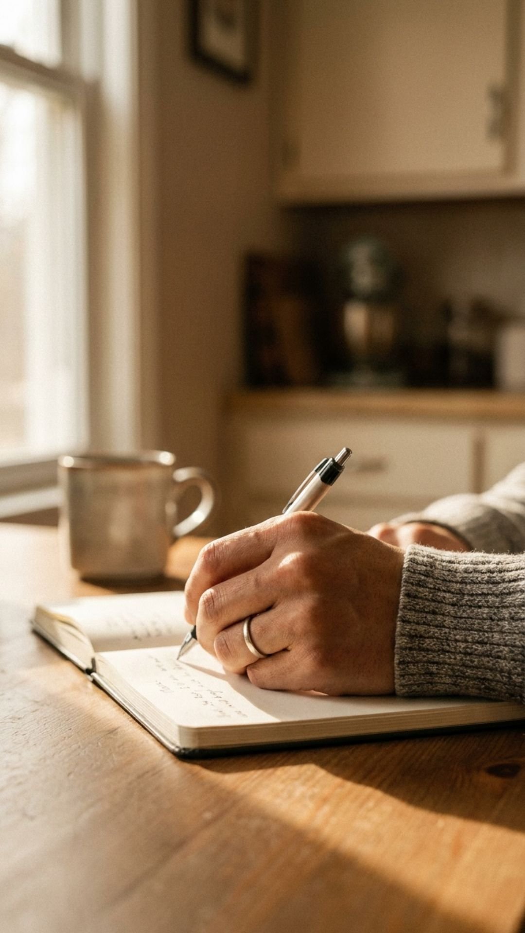 A hand writing in a journal beside a coffee mug in a sunlit kitchen