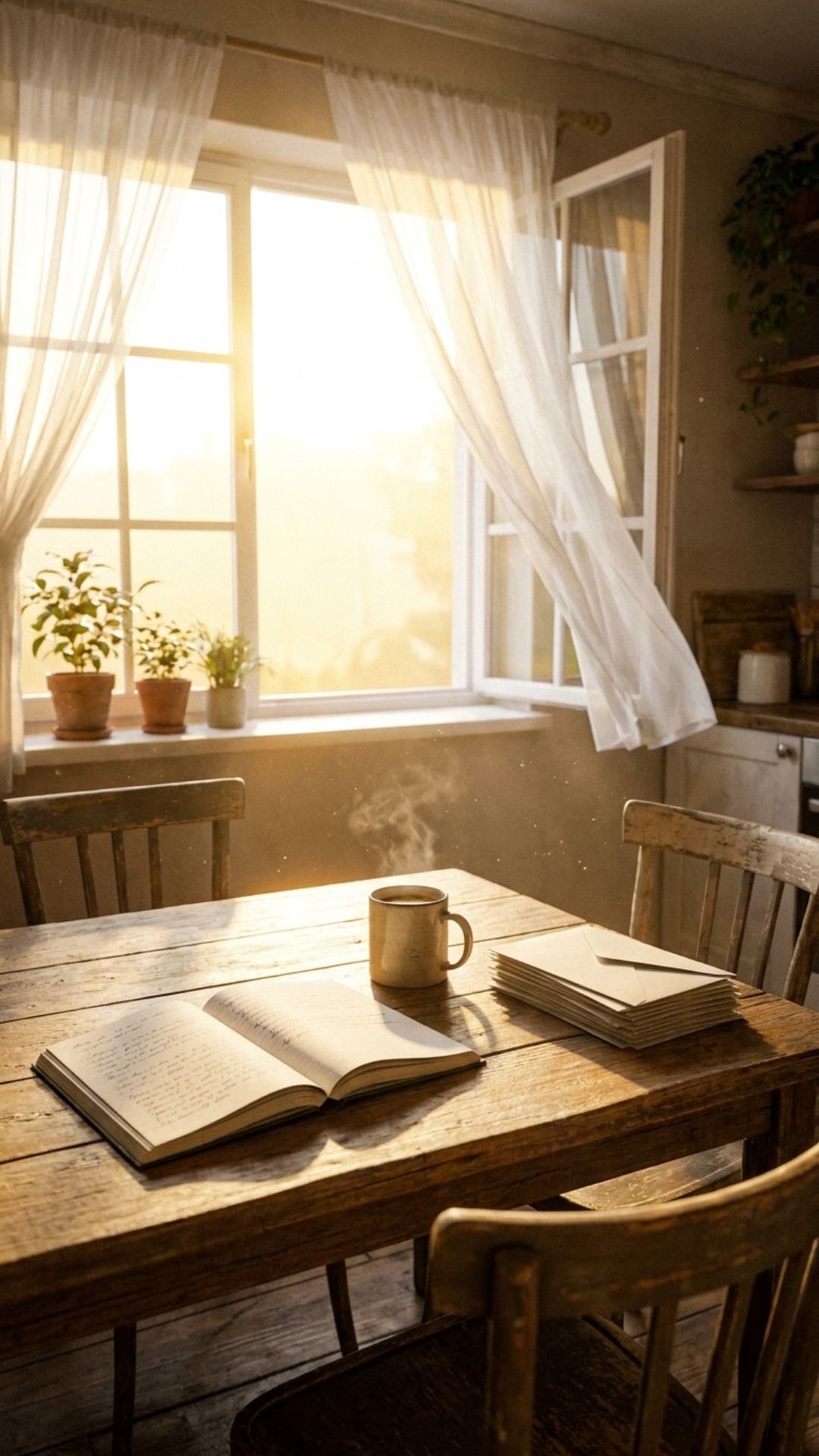 A sunlit kitchen table with an open journal, a cup of coffee, and a stack of envelopes, curtains lifting in the morning breeze